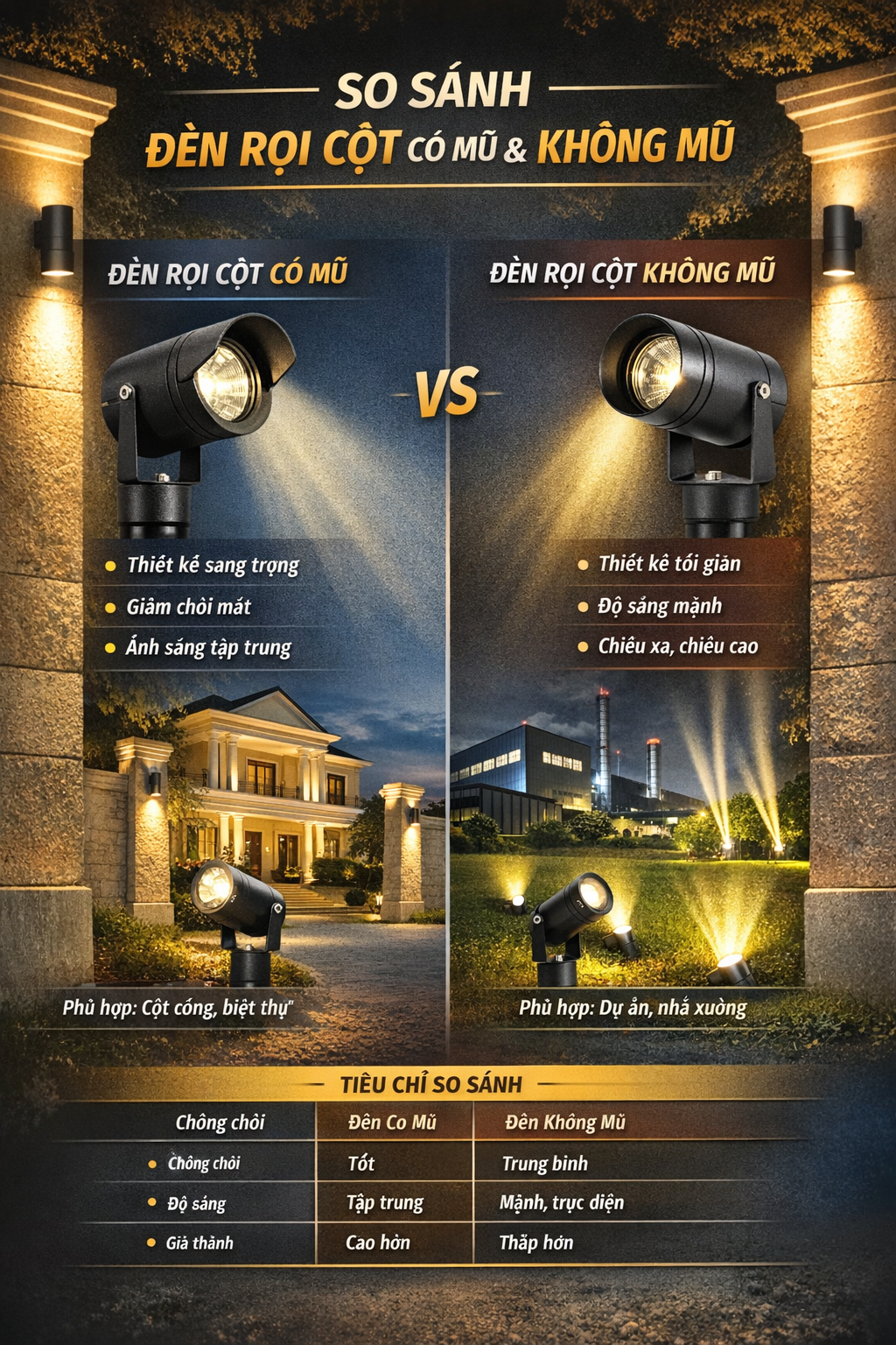 Nên chọn đèn led rọi cột có mũ hay không mũ? So sánh đèn rọi cột có mũ và không mũ