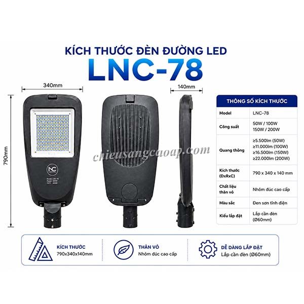 kich-thuoc-den-duong-led-lnc-78 Kích thước đèn đường LED LNC-78