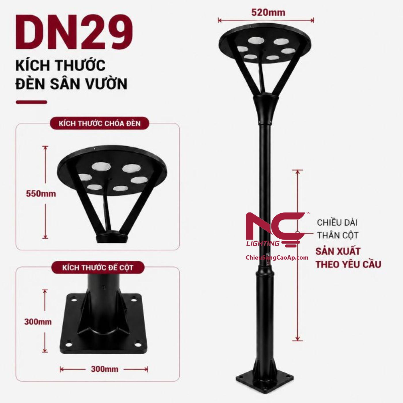 Tổng quan kích thước cột đèn DN29