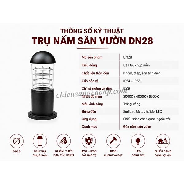 thong-so-den-nam-dn28 Thông số đèn nấm sân vườn DN28