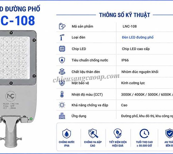 Thông số kỹ thuật đèn đường LED LNC-108