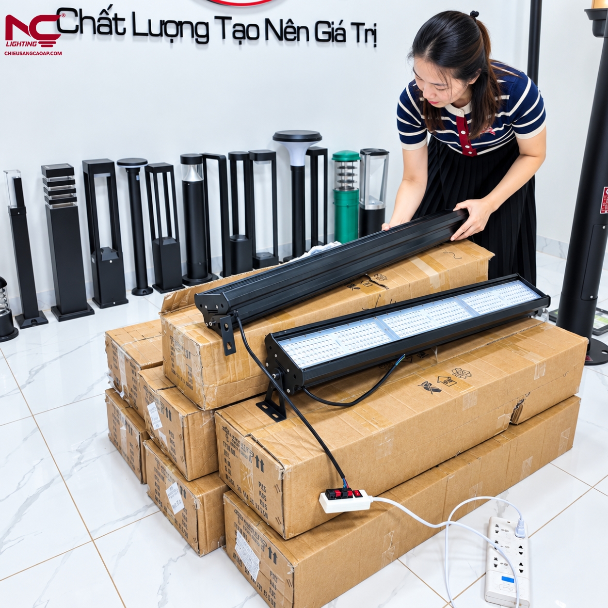 Đèn XNC-28 đã được cắm điện chuẩn bị cho quá trình test ánh sáng